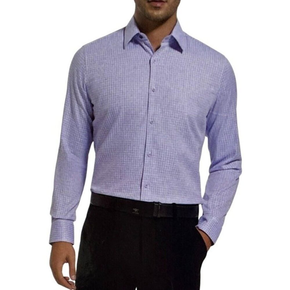 NWT Duchamp Men's L Slim Fit Lavender Checkered Button-Up Dress Shirt J2000
